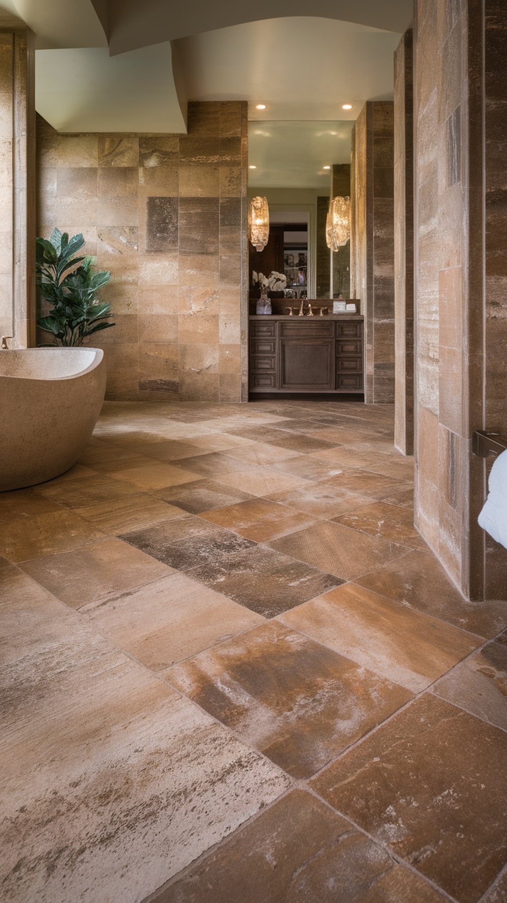 A luxurious bathroom featuring natural stone travertine tiles in earth tones, complemented by a modern bathtub and greenery.