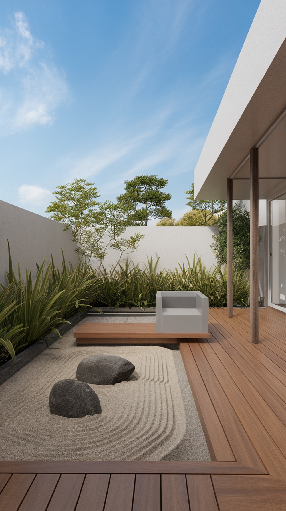 A Zen minimalist patio design featuring sand, stones, and greenery, creating a serene outdoor space.
