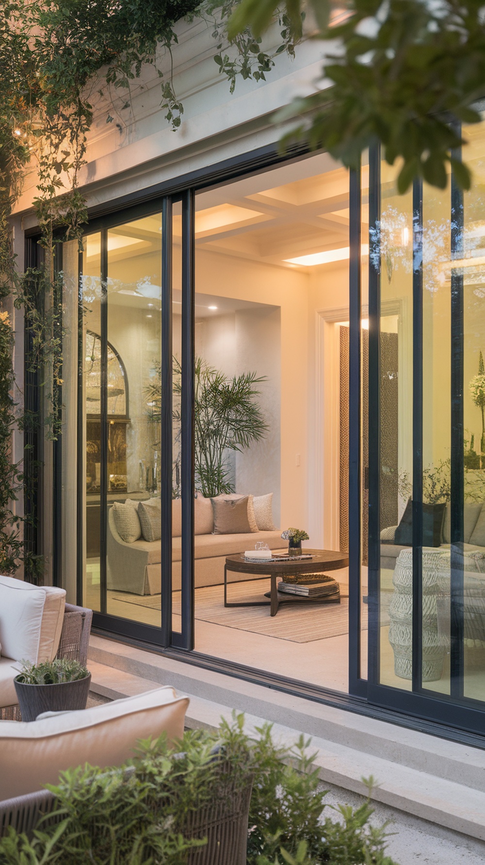 A spacious indoor-outdoor area with large glass doors, a cozy living room visible, and lush greenery outside.
