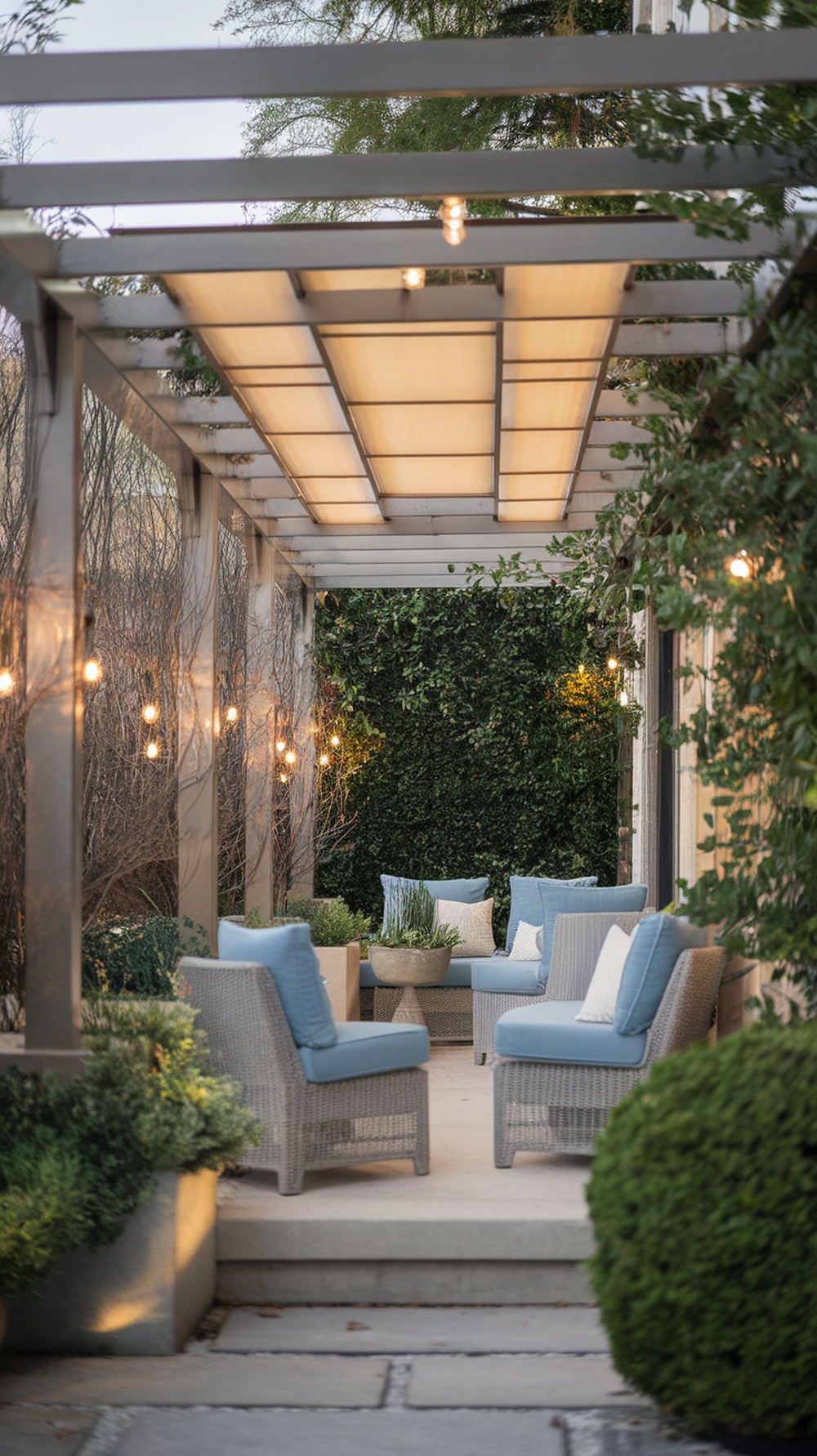 A cozy pergola-covered outdoor seating area with blue cushions and greenery.