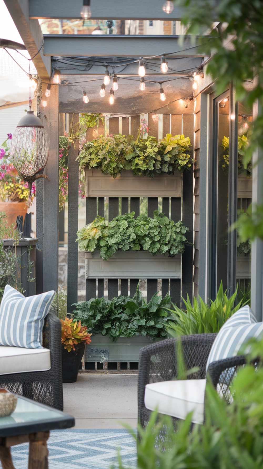 A cozy small patio featuring a vertical garden with tiered planters filled with leafy greens and string lights above.