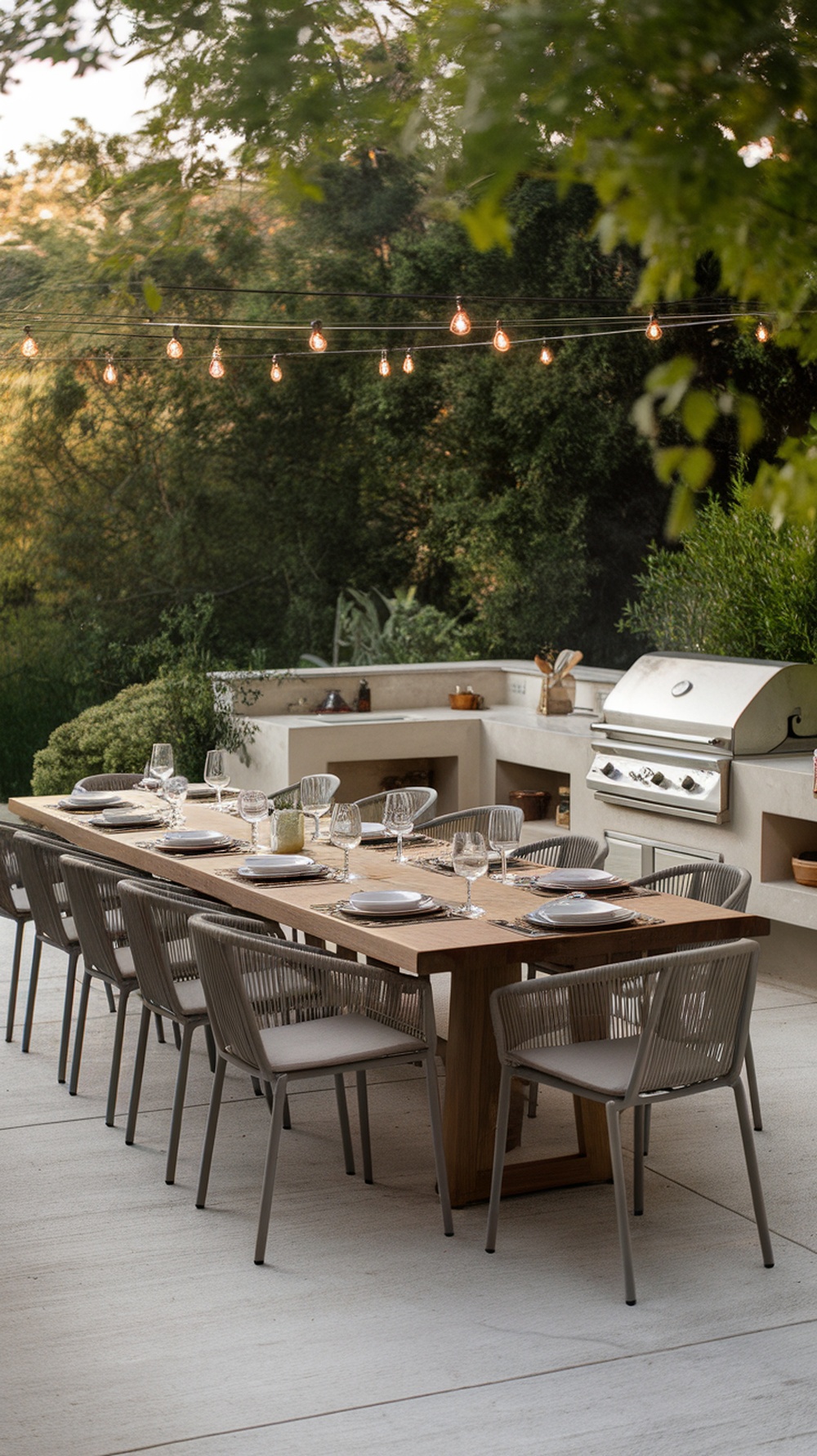 Outdoor dining area with a long wooden table set for 12 guests, surrounded by greenery and string lights.