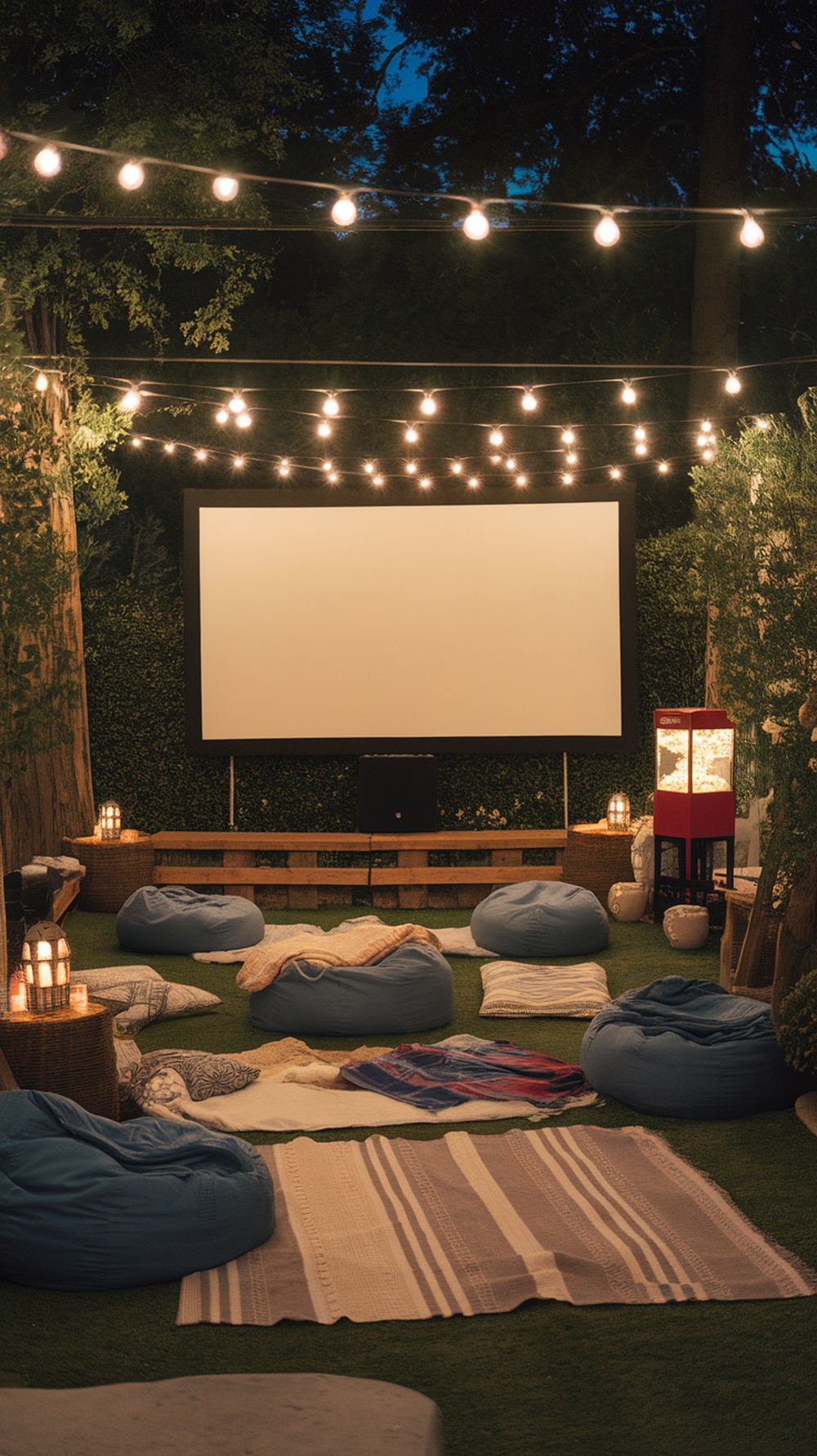 Outdoor movie theater setup with bean bags, a large screen, and string lights.