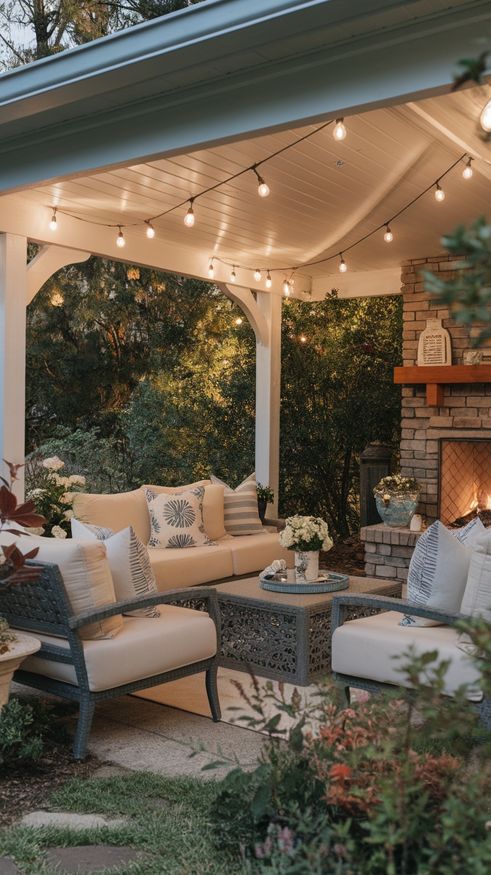 Cozy covered outdoor living room with comfortable seating and warm string lights