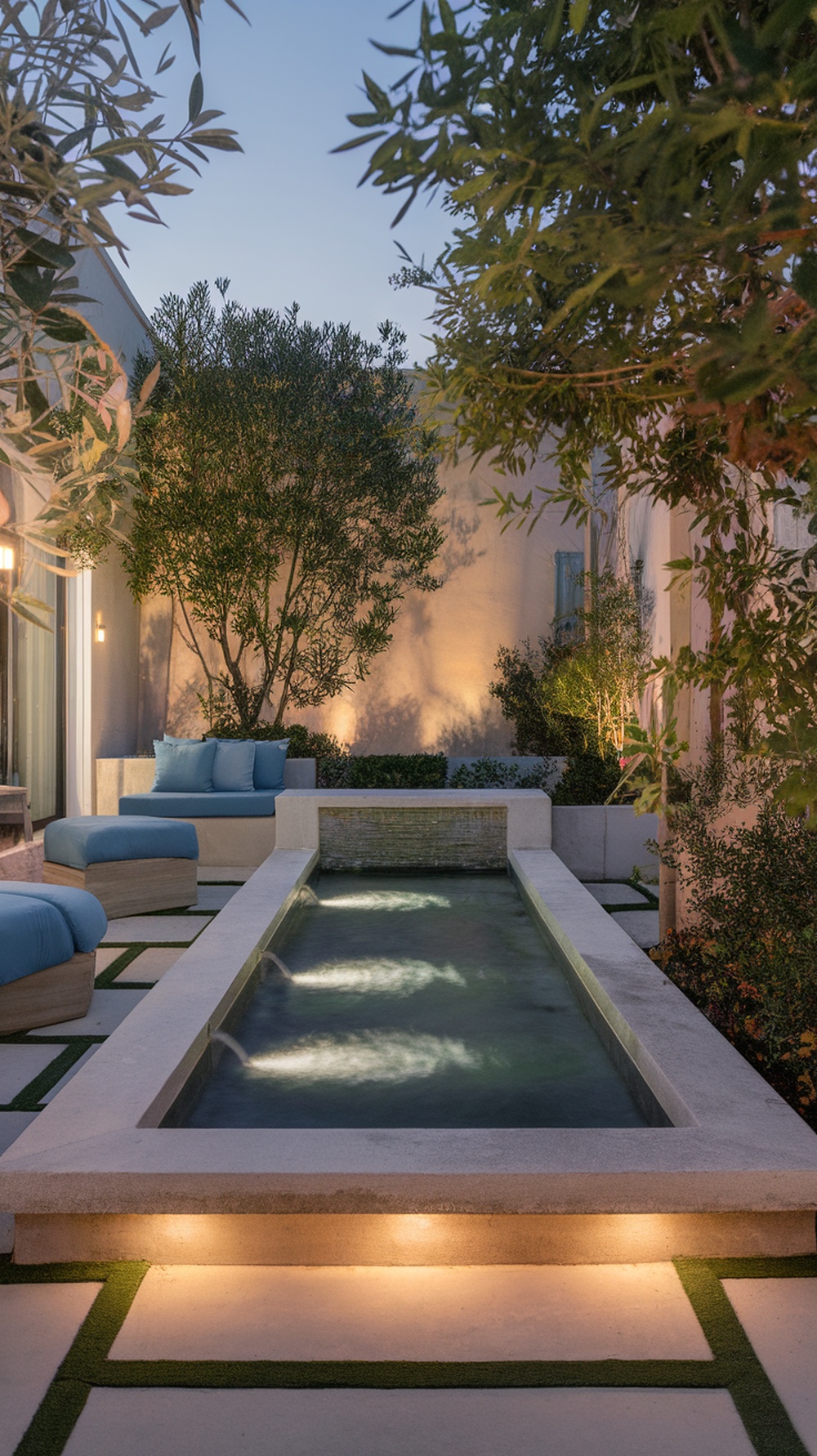 A modern patio featuring a built-in water feature surrounded by greenery and soft lighting.