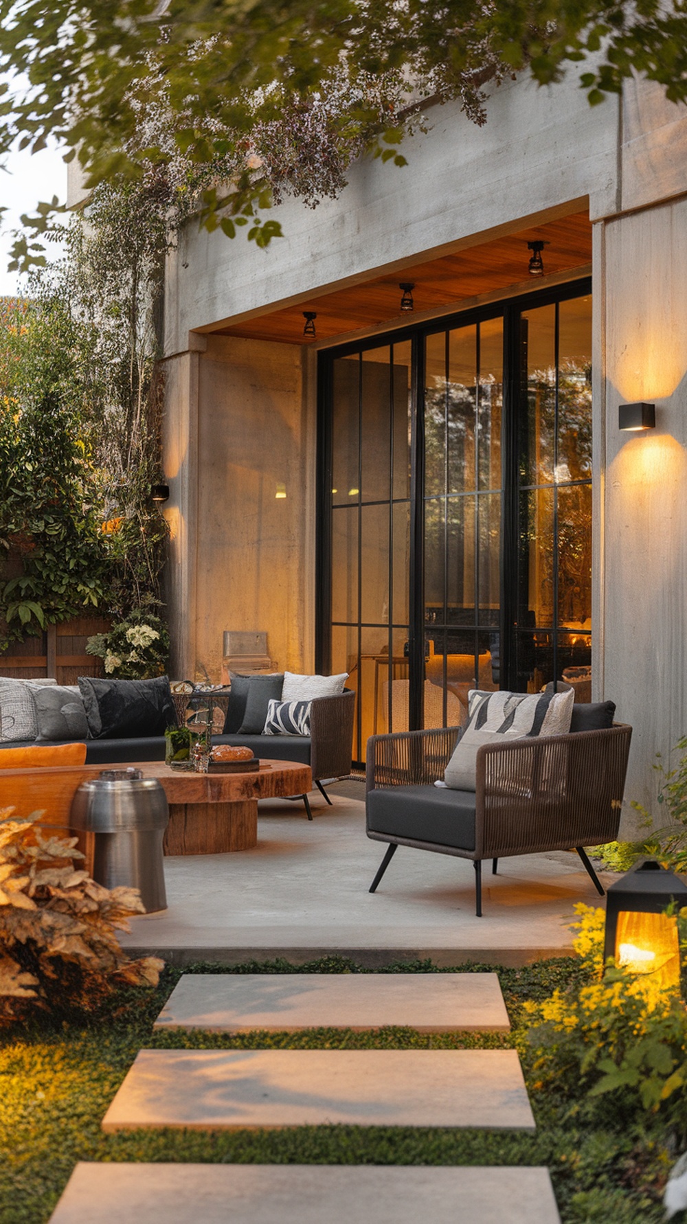 Modern outdoor patio featuring a combination of concrete and wood elements, cozy seating, and soft lighting.