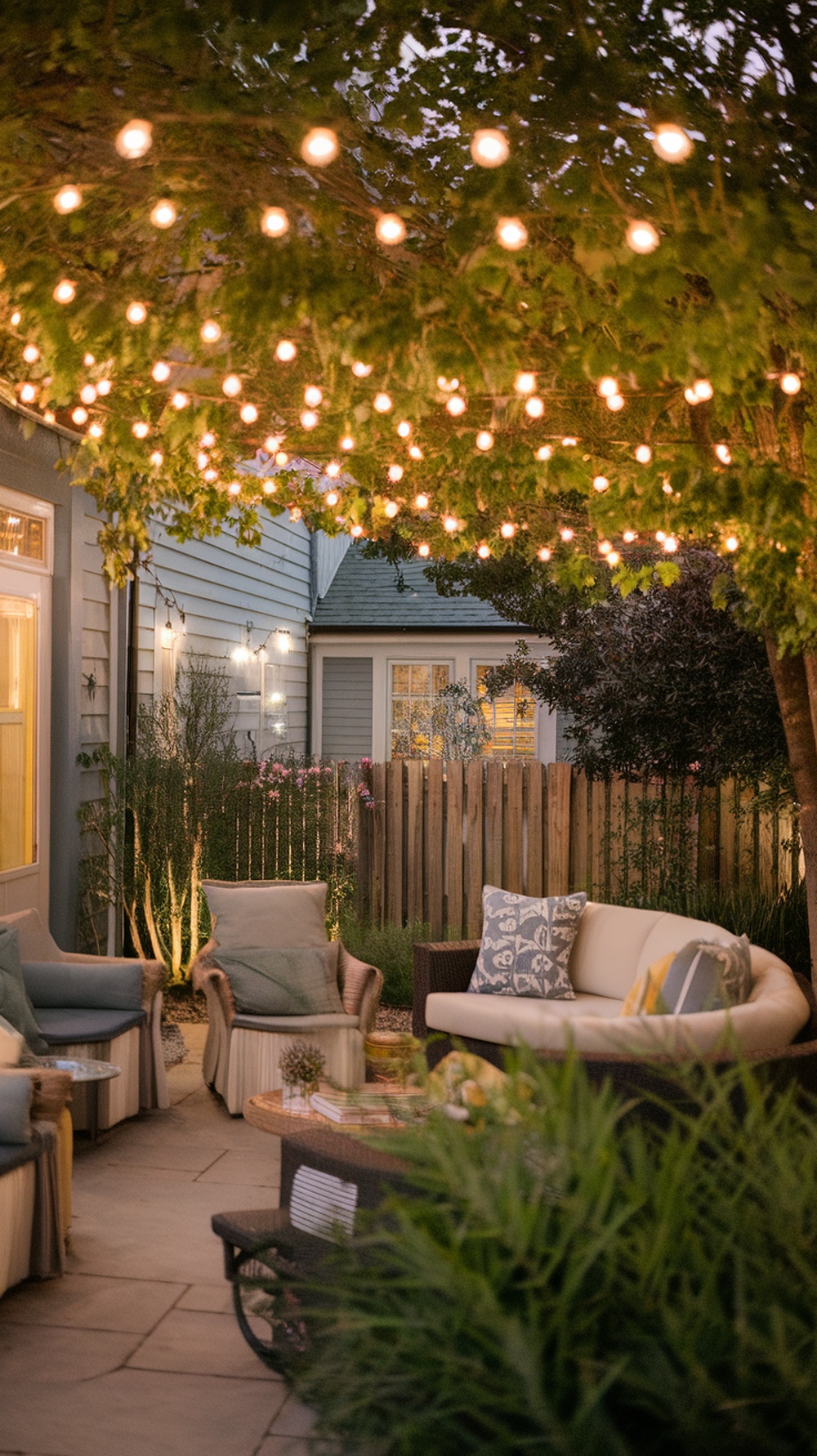 A cozy patio with string lights overhead, comfortable seating, and lush greenery, creating a magical evening atmosphere.