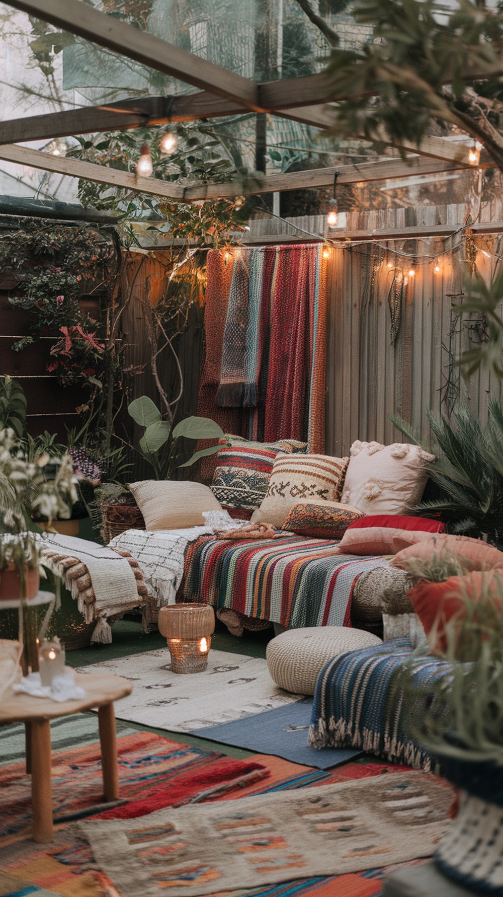A cozy bohemian-inspired outdoor lounge with layered textiles, colorful cushions, and warm lighting.