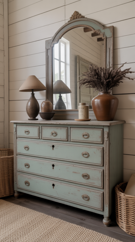 Vintage farmhouse bedroom showcasing antique wooden dresser creating characterful focal point and storage