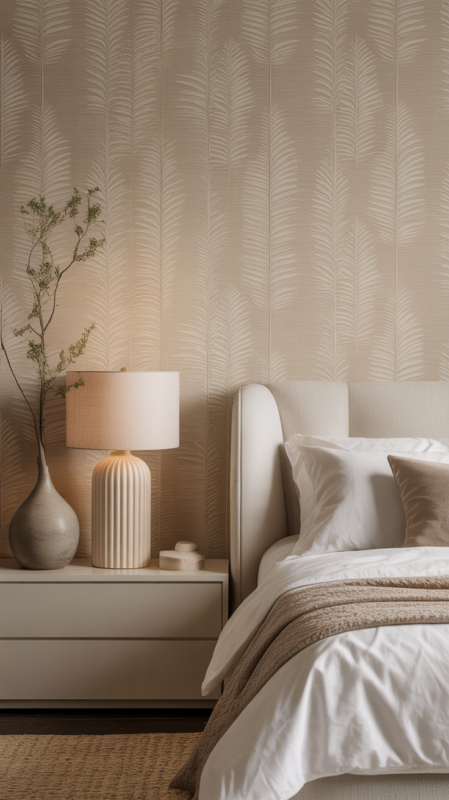 Beige tonal wallpaper with subtle pattern creating sophisticated calming neutral bedroom atmosphere