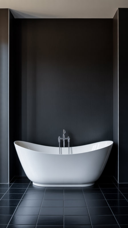 Black bathroom design featuring white freestanding bathtub creating dramatic focal point and luxury spa atmosphere