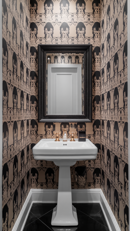 Black white powder room featuring bold patterned wallpaper creating high-impact small space design