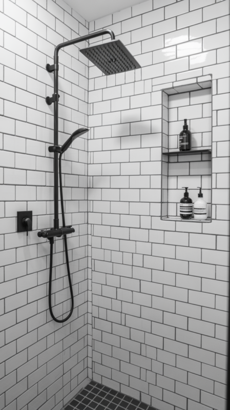 White subway tile bathroom with black grout lines creating modern graphic interpretation of classic design