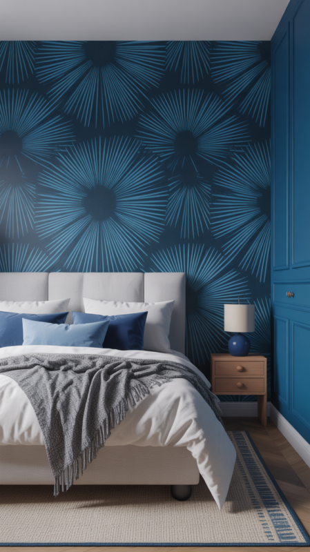 Bold blue wallpaper creating dramatic confident accent wall in modern bedroom with striking color