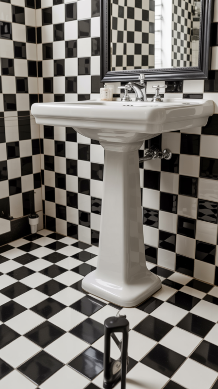 Black and white checkered floor tiles creating classic timeless pattern in traditional bathroom