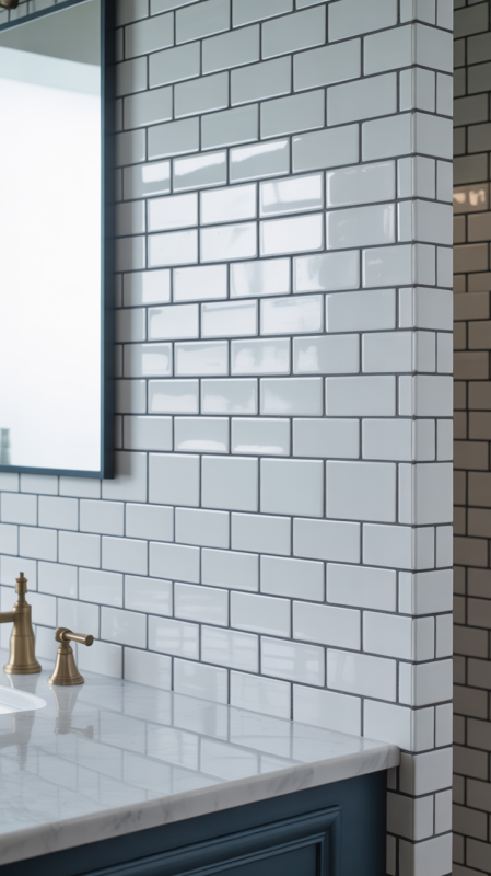 White subway tile bathroom backsplash with dark grout behind modern vanity creating timeless design