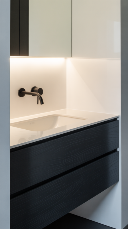 Contemporary black and white bathroom with floating black vanity creating sleek modern minimalist design