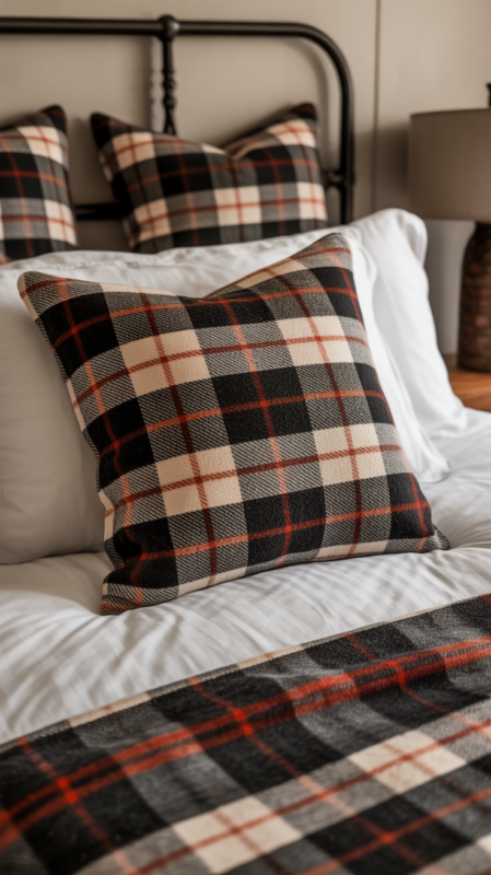 Cozy country bedroom featuring classic plaid accents adding traditional farmhouse pattern and warmth