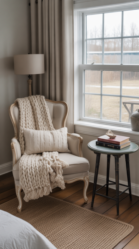 Cozy farmhouse bedroom featuring reading nook with vintage chair creating peaceful retreat corner