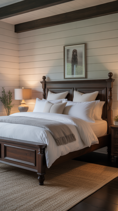 Farmhouse master bedroom with dark wood bed creating dramatic contrast against light neutral bedding
