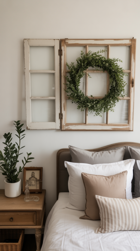 Farmhouse bedroom wall decor featuring vintage finds and architectural salvage creating rustic focal point