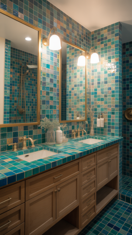 Full-height glass mosaic tile bathroom backsplash creating spa-like atmosphere in primary bathroom