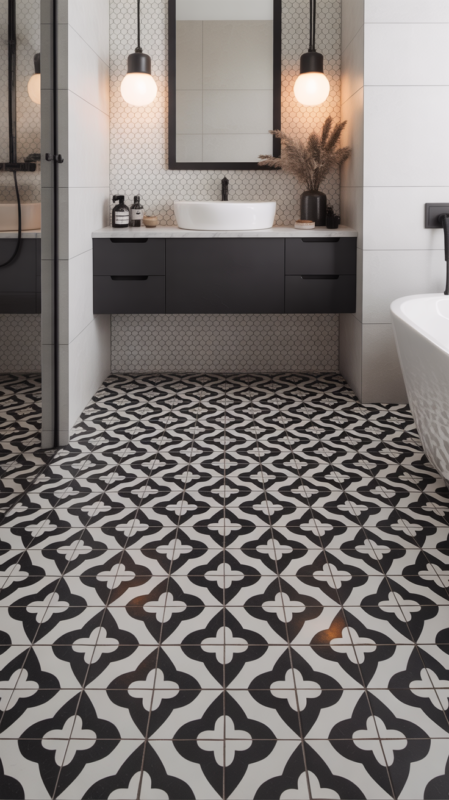 Geometric black and white bathroom tiles in hexagonal pattern creating modern artistic floor design