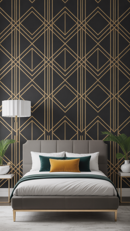 Modern bedroom wallpaper featuring geometric pattern with gold metallic accents creating luxurious contemporary accent wall