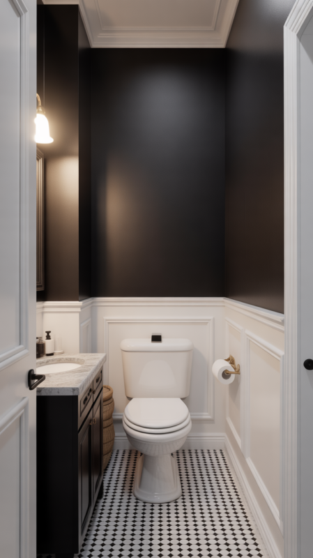 Half black bathroom with white wainscoting creating sophisticated two-tone powder room design