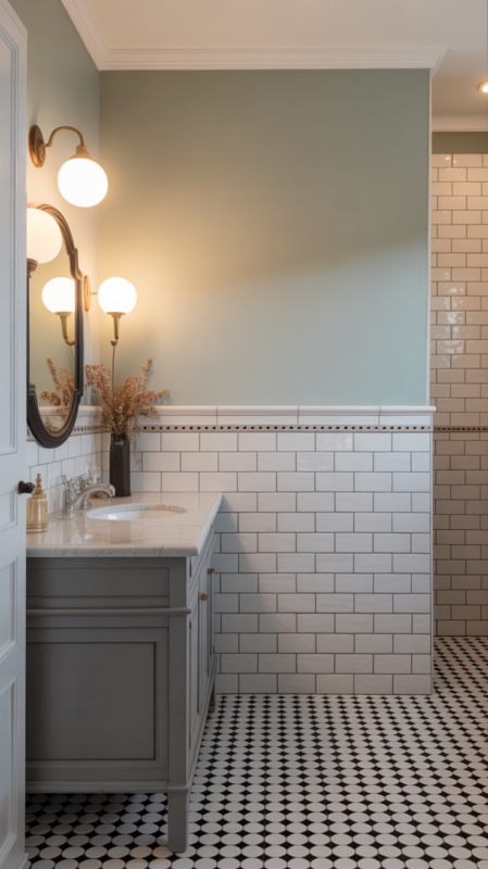 Half tiled bathroom walls with full-height tile backsplash behind vanity creating layered design