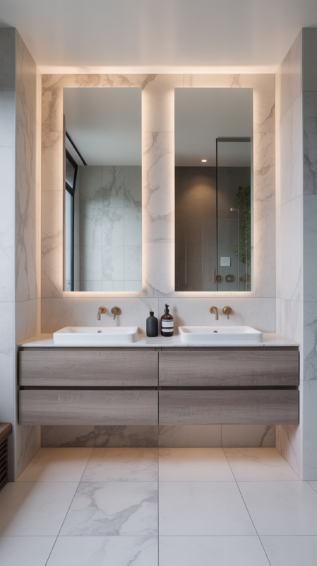 Large format porcelain tile backsplash with marble look and minimal grout lines in modern bathroom