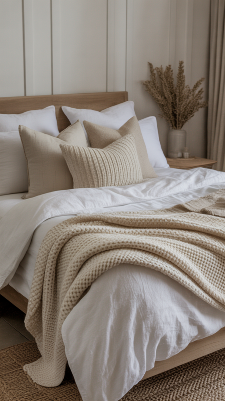 Cozy farmhouse bedroom ideas showcasing layered neutral bedding with mixed textures creating inviting bed