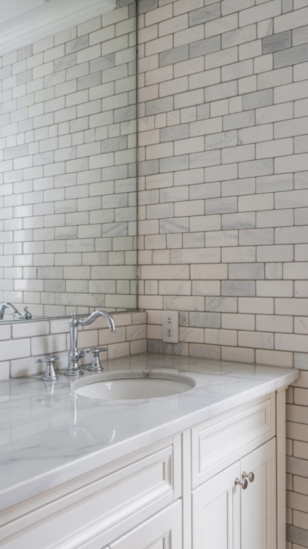 Marble tile bathroom backsplash with waterfall edge creating seamless vanity design