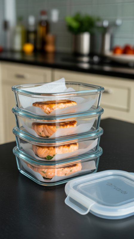 Meal prep container with cooked salmon patties separated by parchment paper for storage