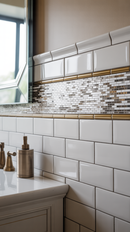 Mixed material bathroom tile backsplash combining subway tile with metallic accent stripe