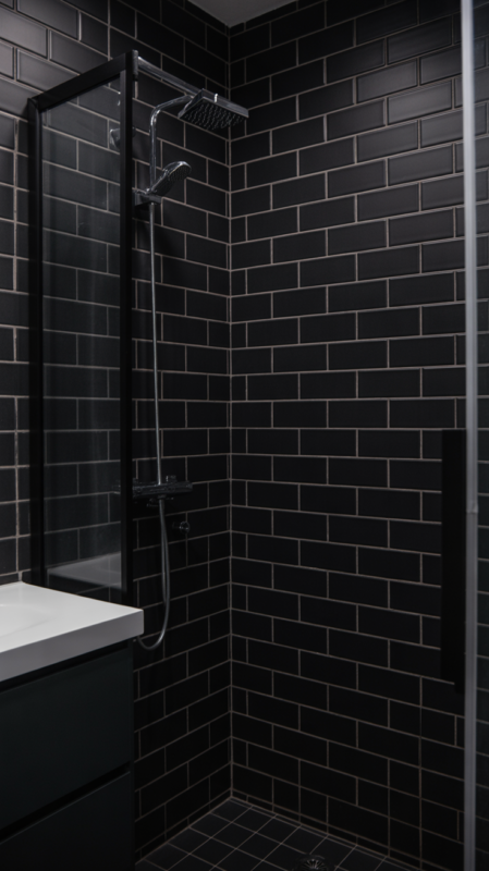 Modern black tile bathroom featuring subway tiles with white grout creating bold contemporary design