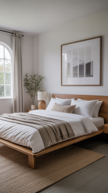 Modern farmhouse bedroom featuring clean lines and minimal decor creating contemporary rustic aesthetic