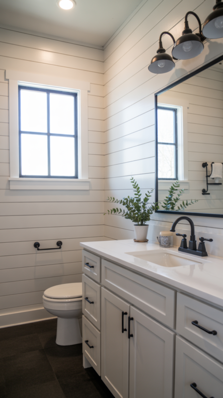 Modern farmhouse black and white bathroom featuring shiplap walls and black metal fixtures creating cozy contemporary style