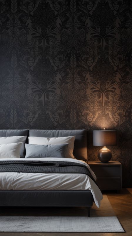 Black feature wall bedroom wallpaper with subtle pattern creating dramatic moody sophisticated atmosphere