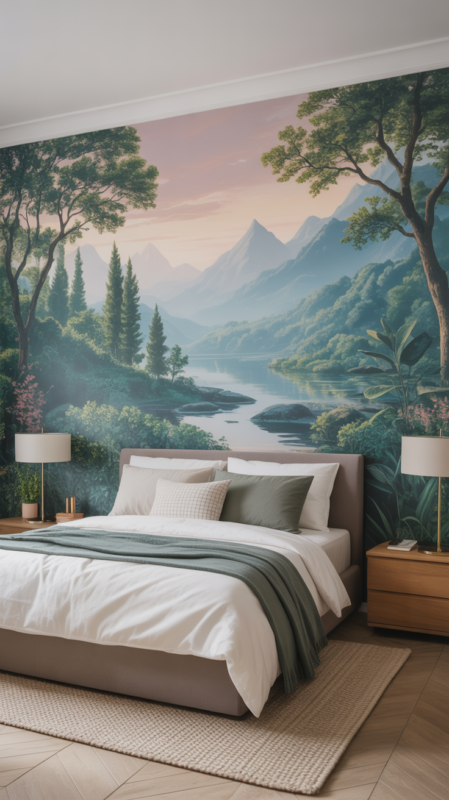 Nature-inspired wall mural creating serene peaceful atmosphere with scenic landscape or botanical design