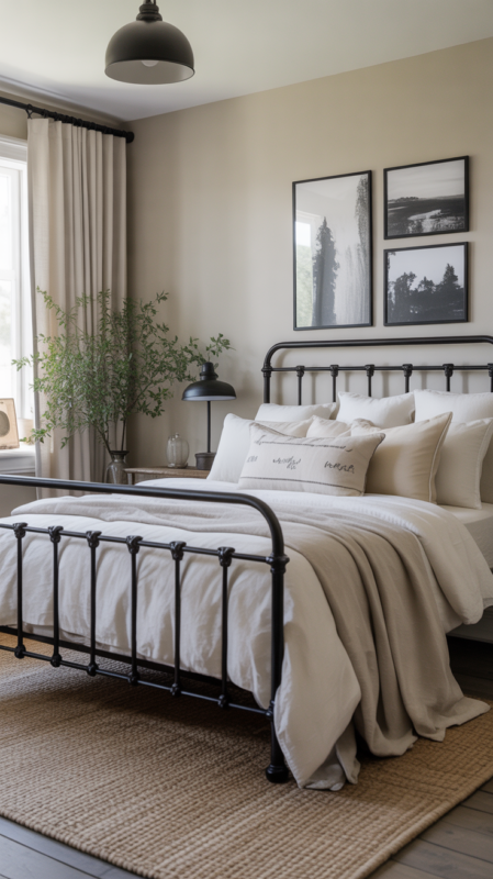 Neutral farmhouse bedroom featuring black metal accents creating sophisticated modern country contrast