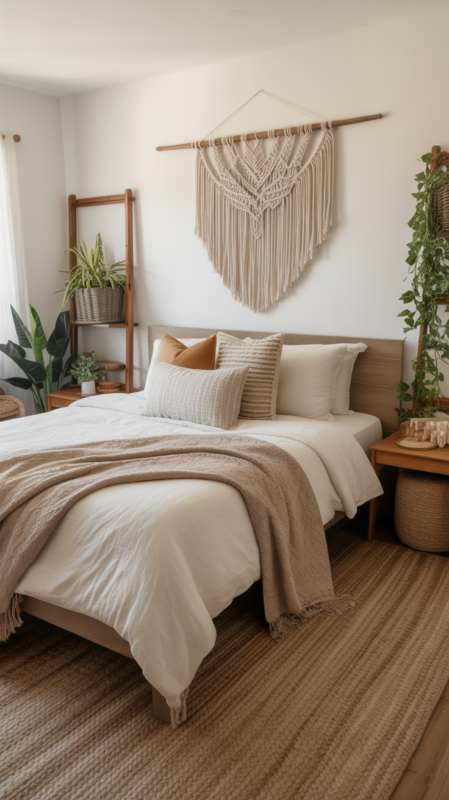 Farmhouse boho bedroom combining neutral bohemian elements with rustic farmhouse style creating layered cozy space