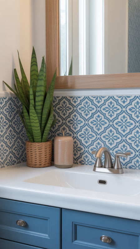 Peel and stick bathroom backsplash with moroccan pattern offering rental-friendly design solution