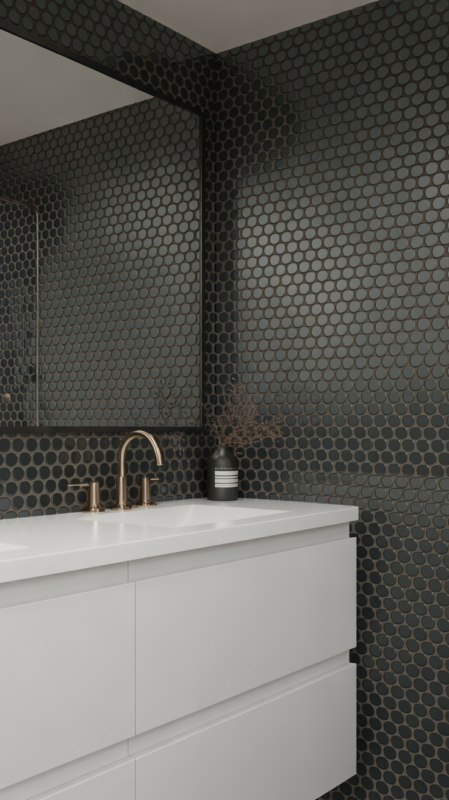 Black penny round tile backsplash creating bold contrast behind white bathroom vanity
