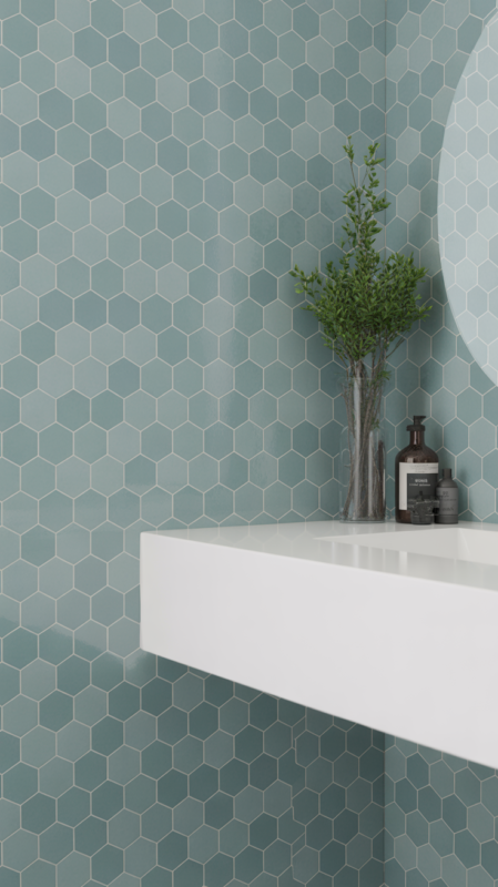 Geometric porcelain mosaic tile backsplash creating modern focal point behind bathroom vanity