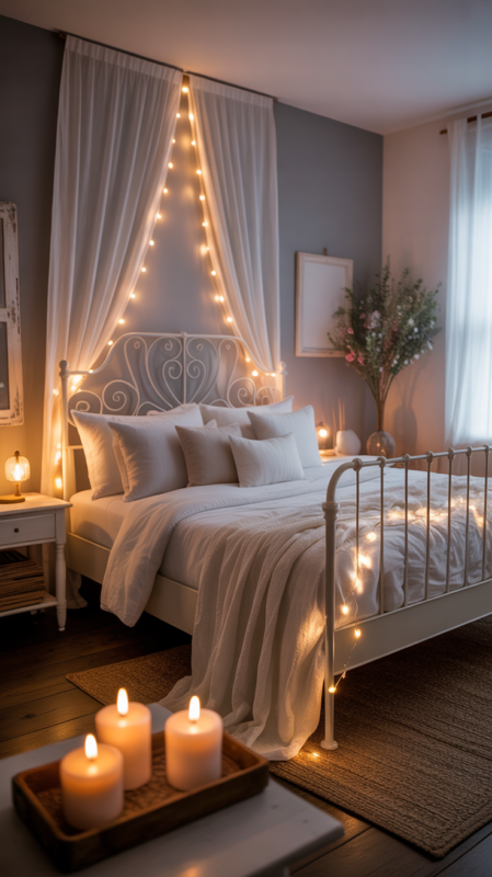 Romantic farmhouse bedroom with soft lighting and flowing textiles creating dreamy intimate atmosphere
