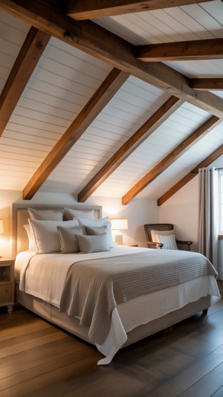 Rustic farmhouse bedroom with exposed wood ceiling beams adding architectural character and warmth