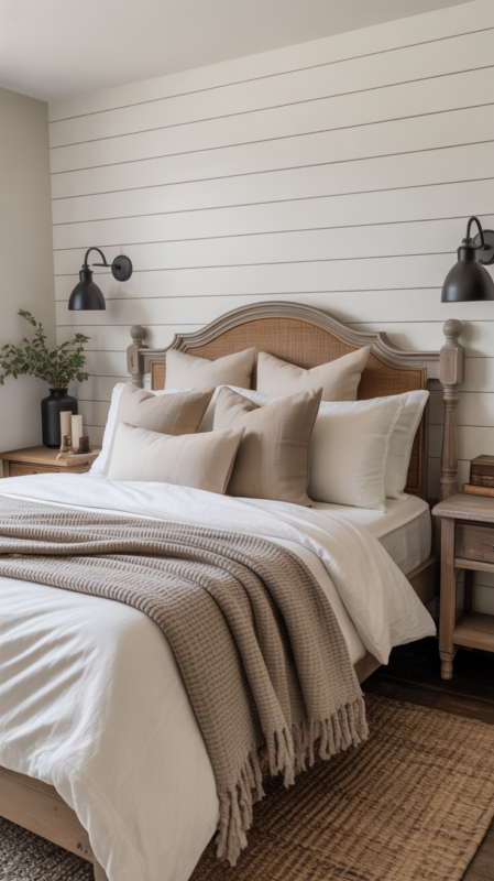 Cozy farmhouse bedroom with white shiplap accent wall creating textured focal point behind bed