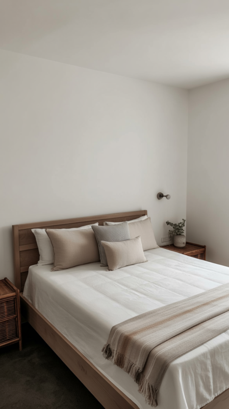 Simple farmhouse bedroom with minimal decor creating peaceful uncluttered retreat space