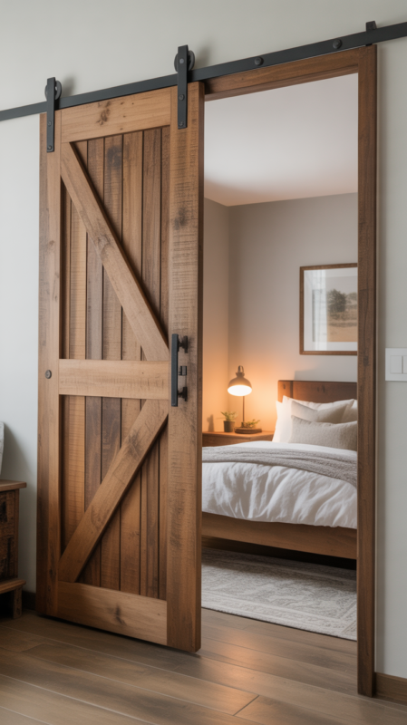 Farmhouse bedroom featuring sliding barn door on metal hardware creating rustic architectural element